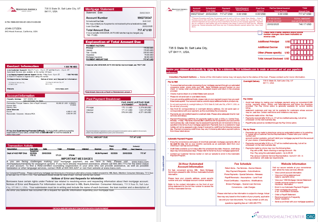 USA Mountain America Credit Union bank mortgage statement in Word and PDF formats, 3 pages 1 2